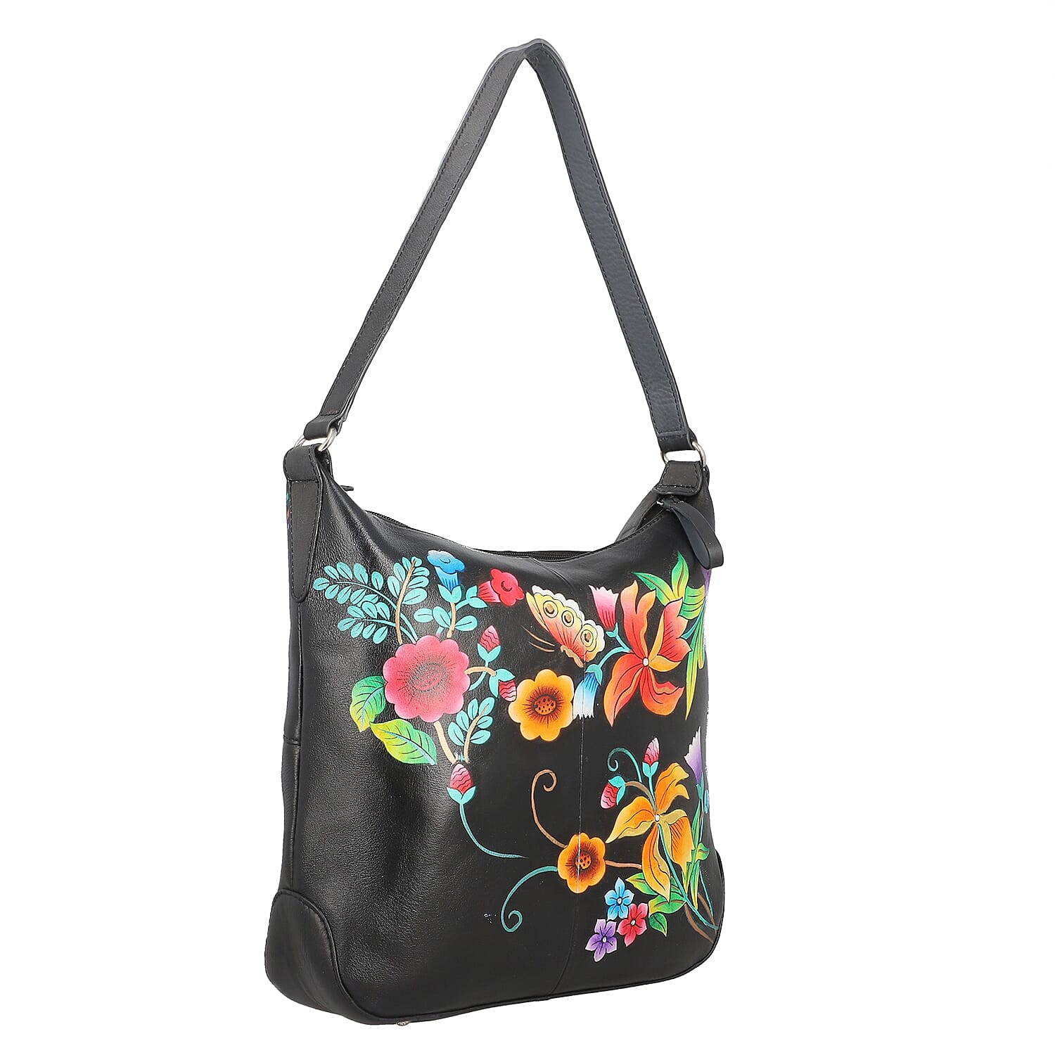 SUKRITI Black Abstract Hand Painted Genuine Leather Hobo Shoulder Bag