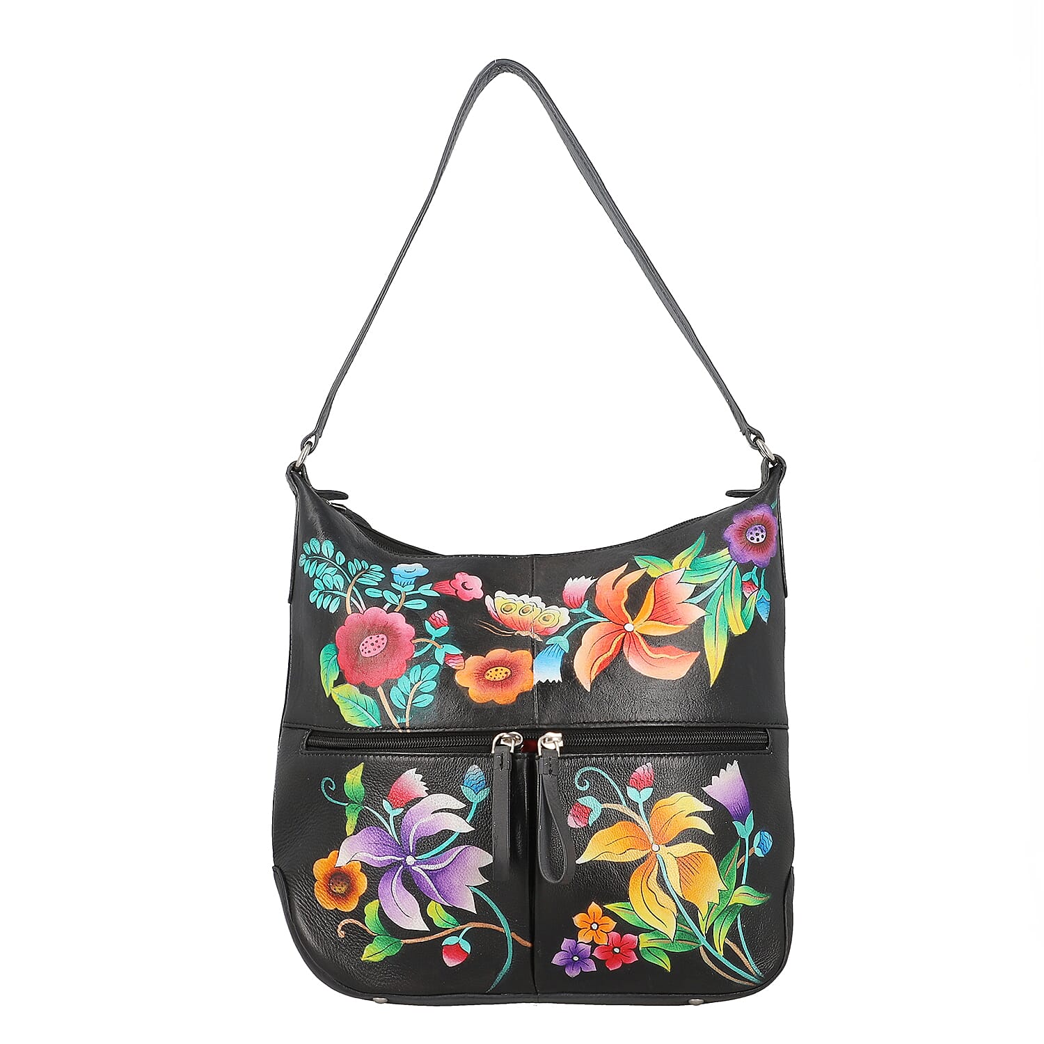 SUKRITI Black Abstract Hand Painted Genuine Leather Hobo Shoulder Bag