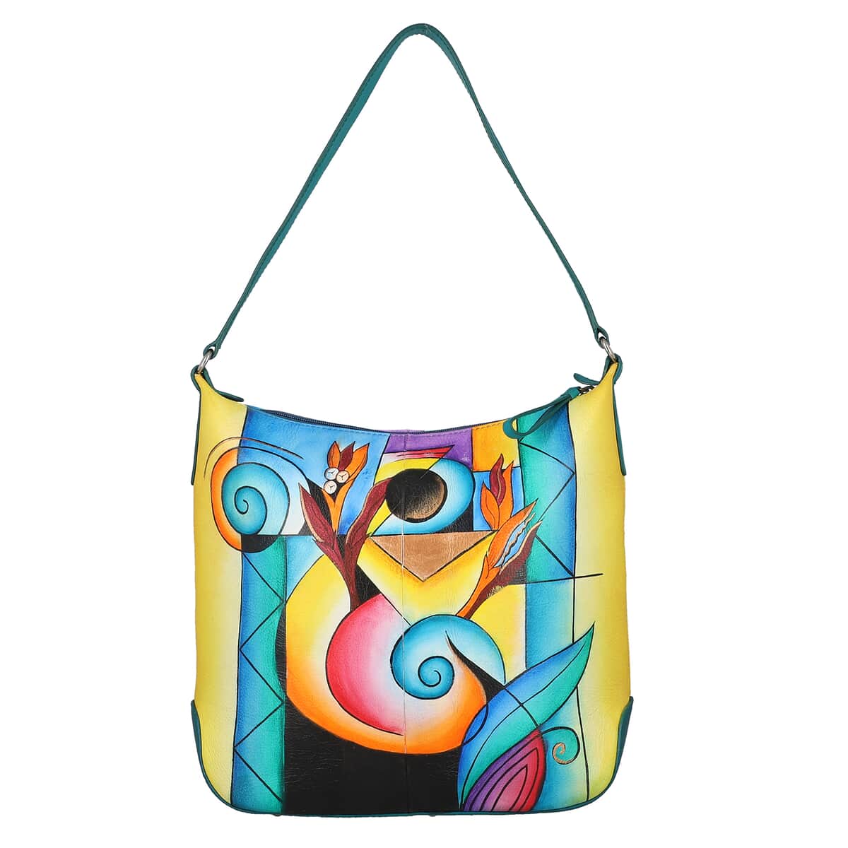 SUKRITI Multi Colorful Abstract Hand Painted Genuine Leather Hobo Shoulder Bag image number 0