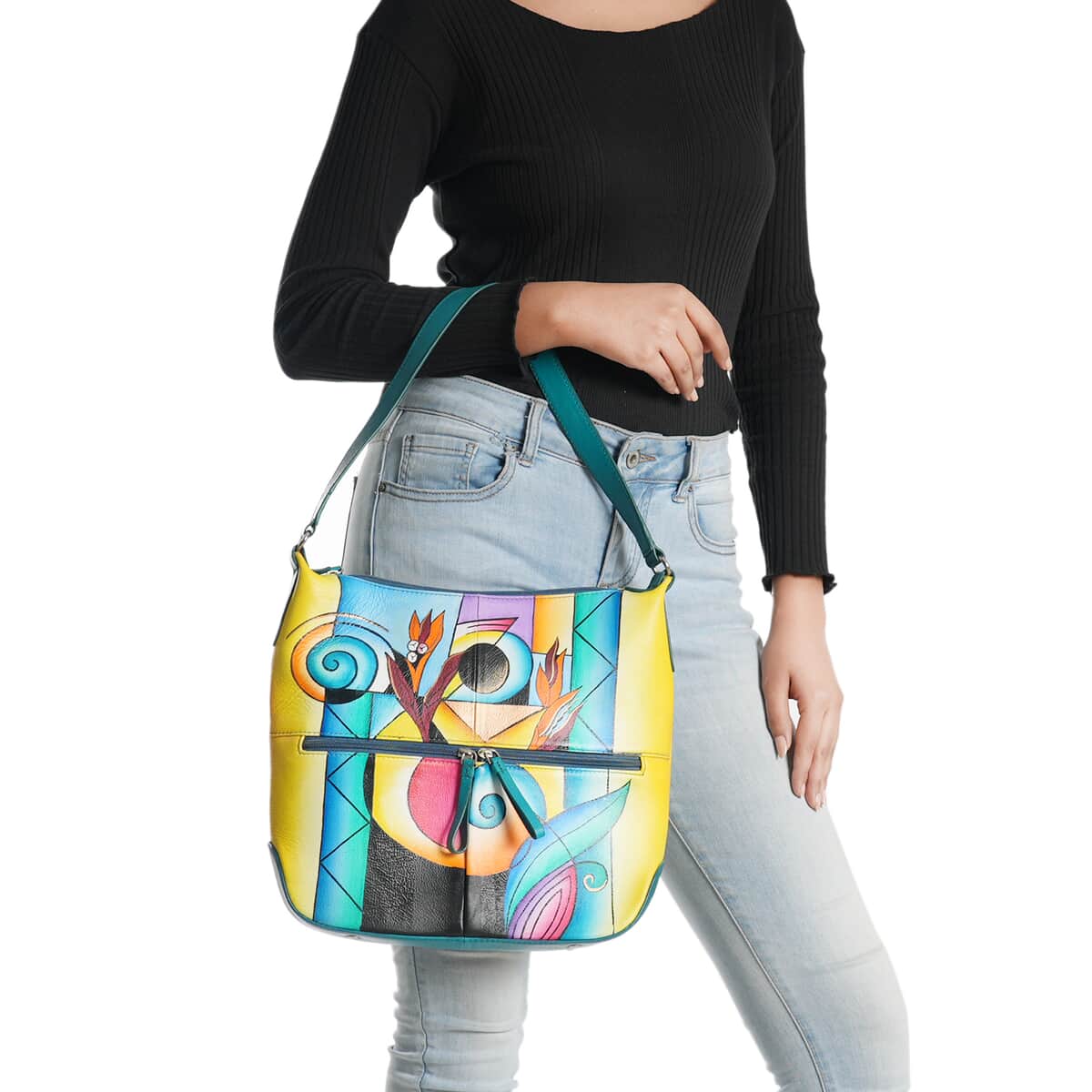 SUKRITI Multi Colorful Abstract Hand Painted Genuine Leather Hobo Shoulder Bag image number 1