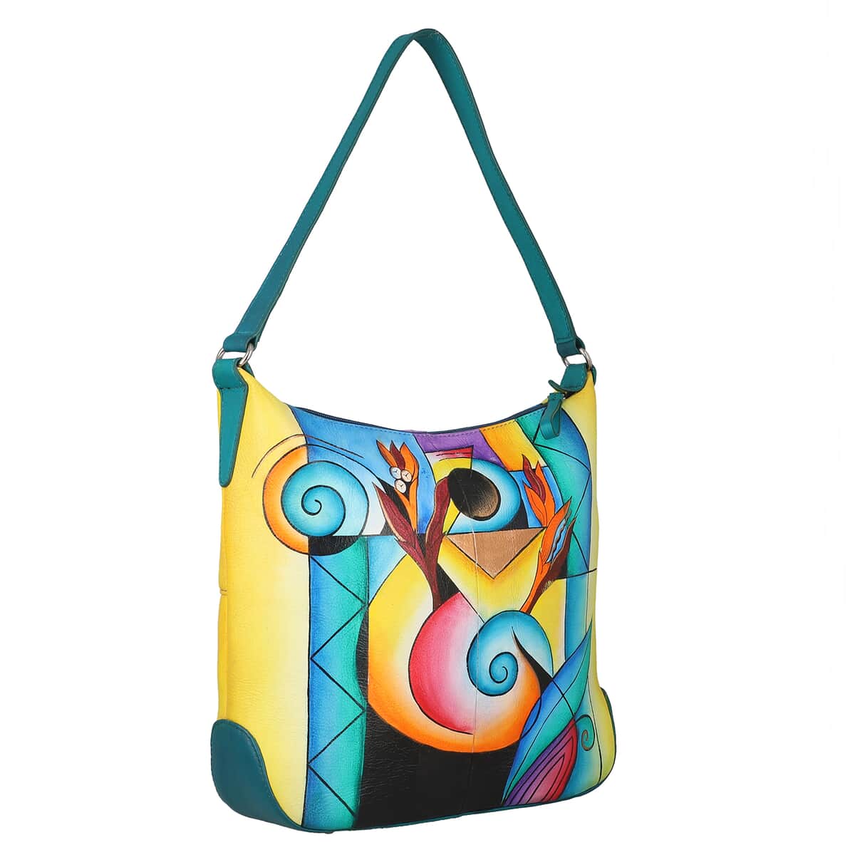 SUKRITI Multi Colorful Abstract Hand Painted Genuine Leather Hobo Shoulder Bag image number 2