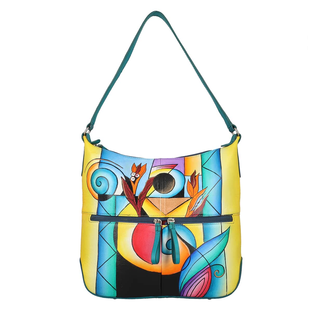 SUKRITI Multi Colorful Abstract Hand Painted Genuine Leather Hobo Shoulder Bag image number 4
