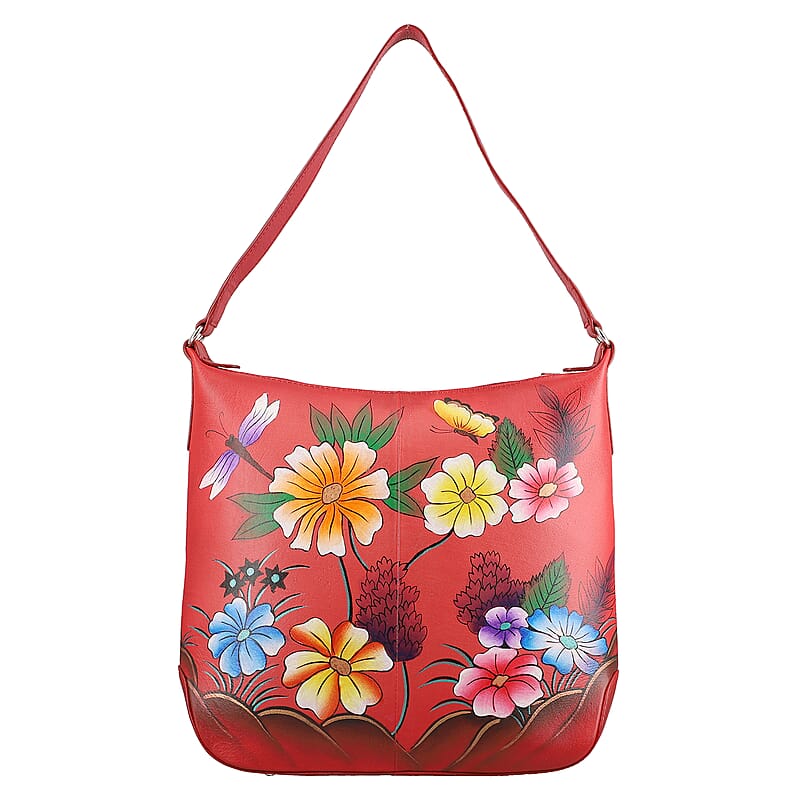 SUKRITI Red Abstract Hand Painted Genuine Leather Hobo Shoulder Bag