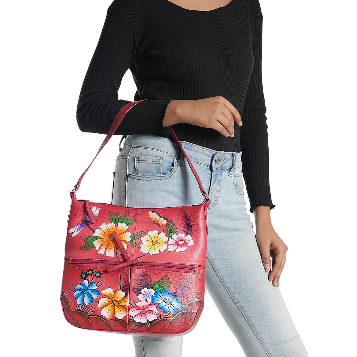 SUKRITI Red Abstract Hand Painted Genuine Leather Hobo Shoulder Bag image number 1