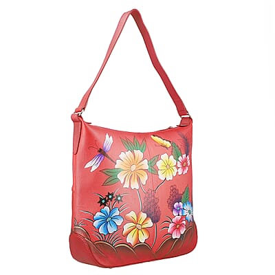 SUKRITI Red Abstract Hand Painted Genuine Leather Hobo Shoulder Bag