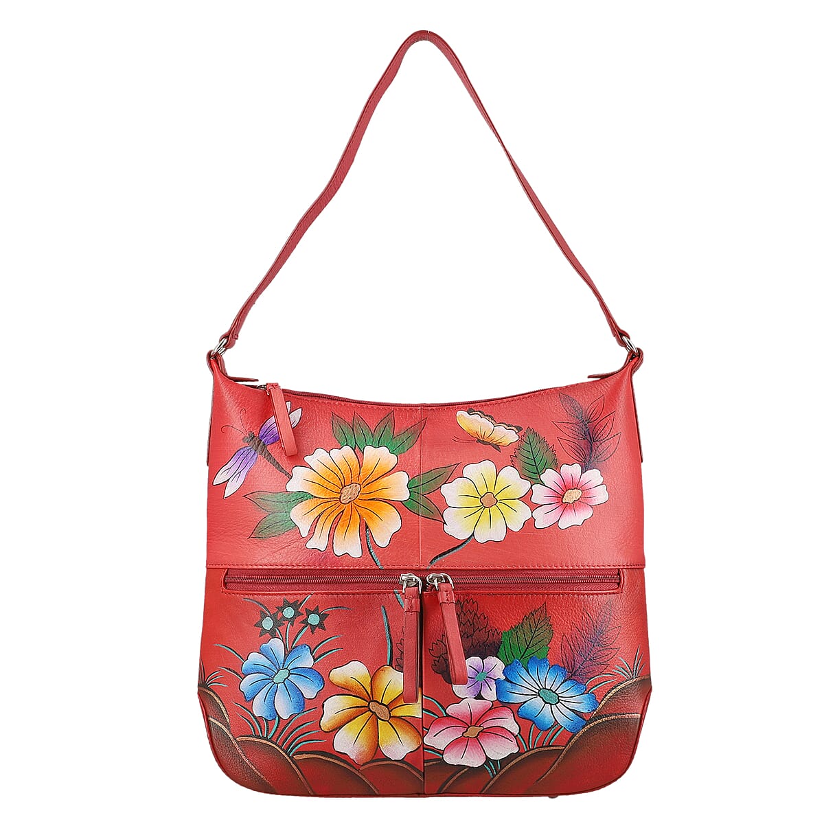SUKRITI Red Abstract Hand Painted Genuine Leather Hobo Shoulder Bag image number 4