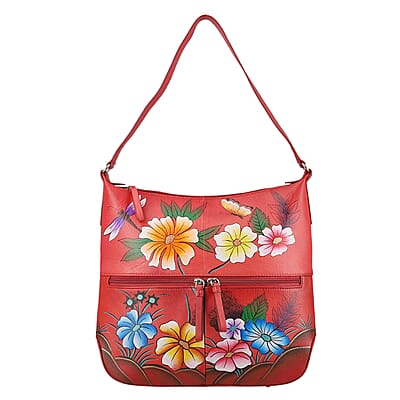SUKRITI Red Abstract Hand Painted Genuine Leather Hobo Shoulder Bag