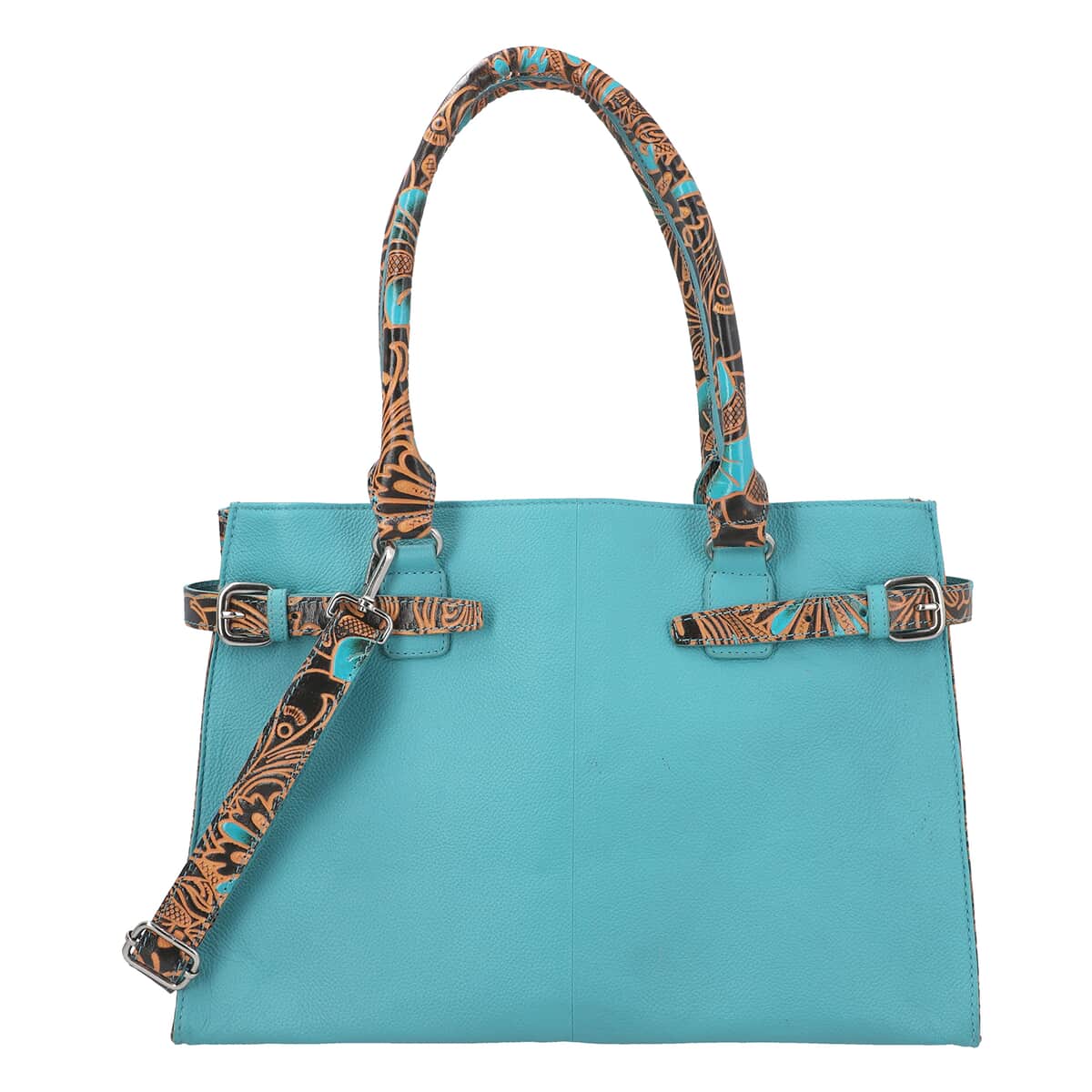 VIVID BY SUKRITI Teal Blue & Brown Hand Painted Genuine Leather Tote Bag with Detachable Shoulder Strap image number 0