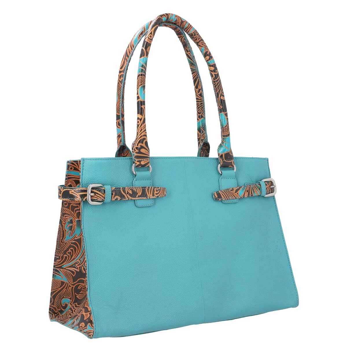 VIVID BY SUKRITI Teal Blue & Brown Hand Painted Genuine Leather Tote Bag with Detachable Shoulder Strap image number 3