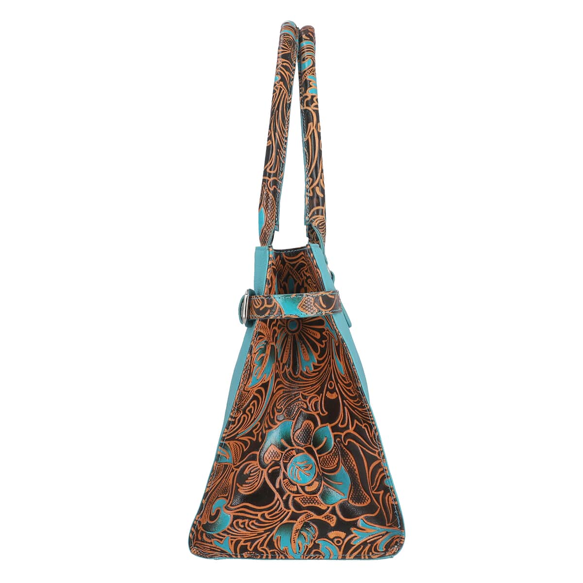 VIVID BY SUKRITI Teal Blue & Brown Hand Painted Genuine Leather Tote Bag with Detachable Shoulder Strap image number 4