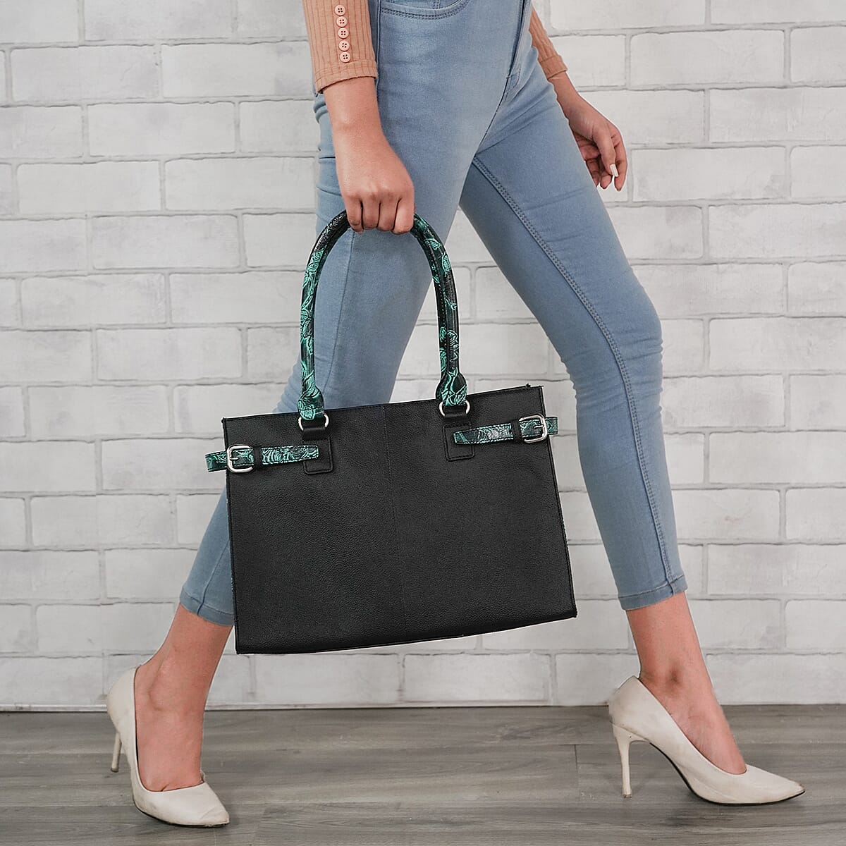 VIVID BY SUKRITI Black & Green Hand Painted Genuine Leather Tote Bag with Detachable Shoulder Strap image number 1