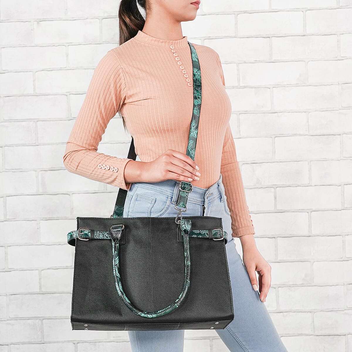 VIVID BY SUKRITI Black & Green Hand Painted Genuine Leather Tote Bag with Detachable Shoulder Strap image number 2