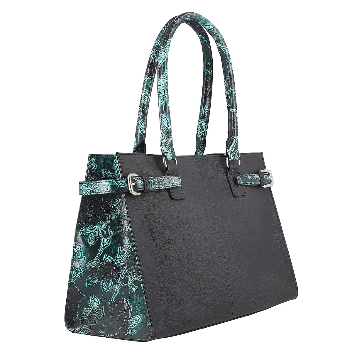 VIVID BY SUKRITI Black & Green Hand Painted Genuine Leather Tote Bag with Detachable Shoulder Strap image number 3