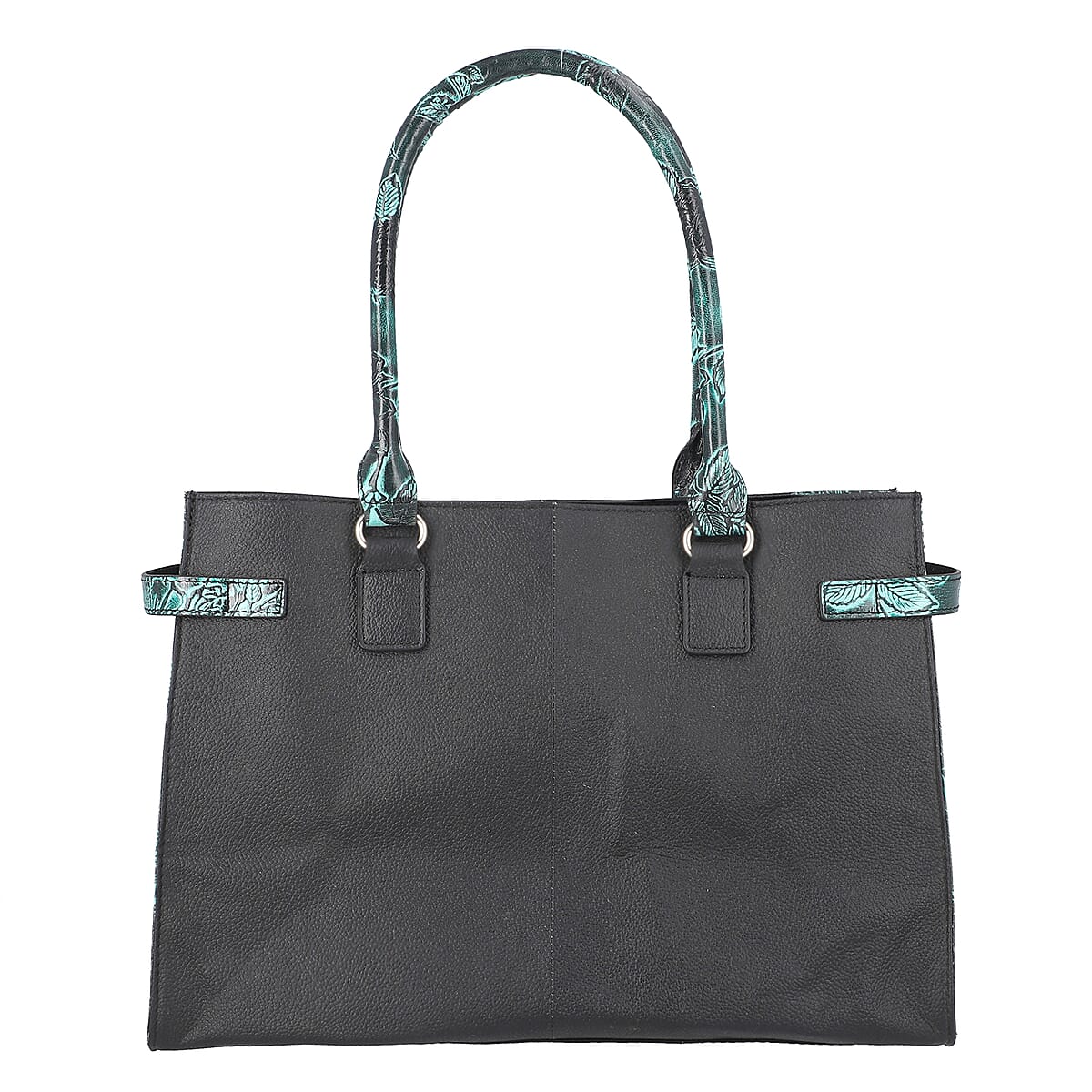 VIVID BY SUKRITI Black & Green Hand Painted Genuine Leather Tote Bag with Detachable Shoulder Strap image number 5