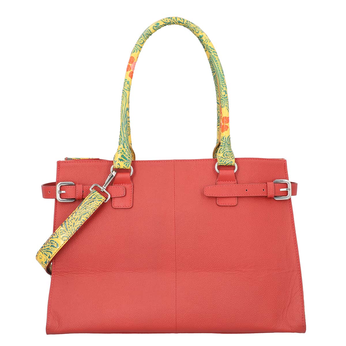 Vivid By Sukriti Red & Mustard Hand Painted Genuine Leather Tote Bag with Detachable Shoulder Strap image number 0