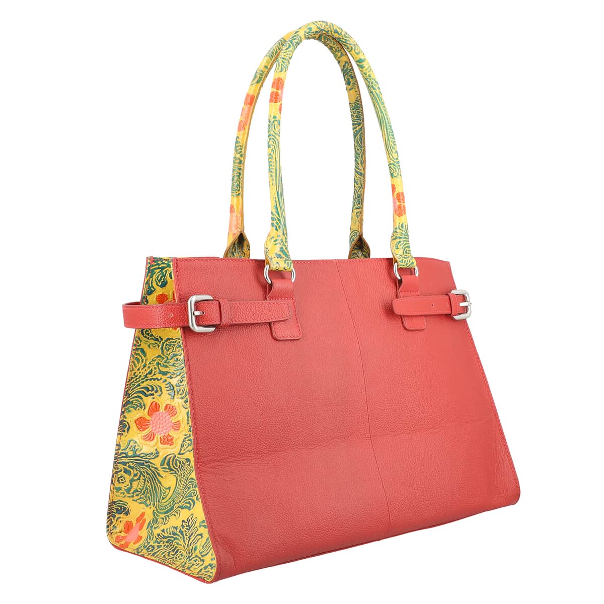 Vivid By Sukriti Red & Mustard Hand Painted Genuine Leather Tote Bag with Detachable Shoulder Strap image number 3