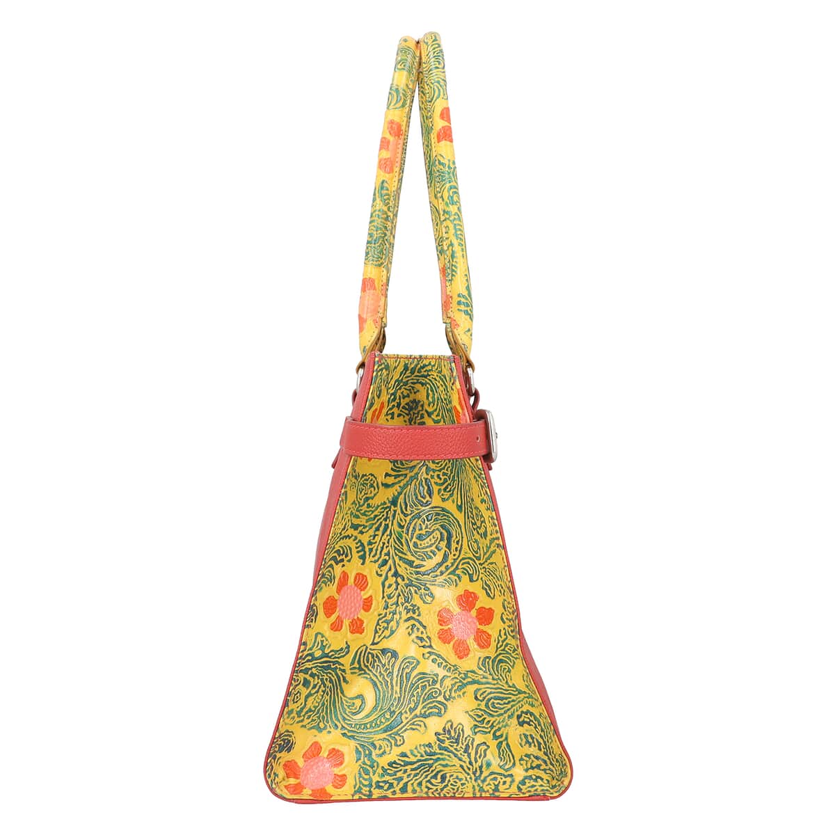 Vivid By Sukriti Red & Mustard Hand Painted Genuine Leather Tote Bag with Detachable Shoulder Strap image number 4