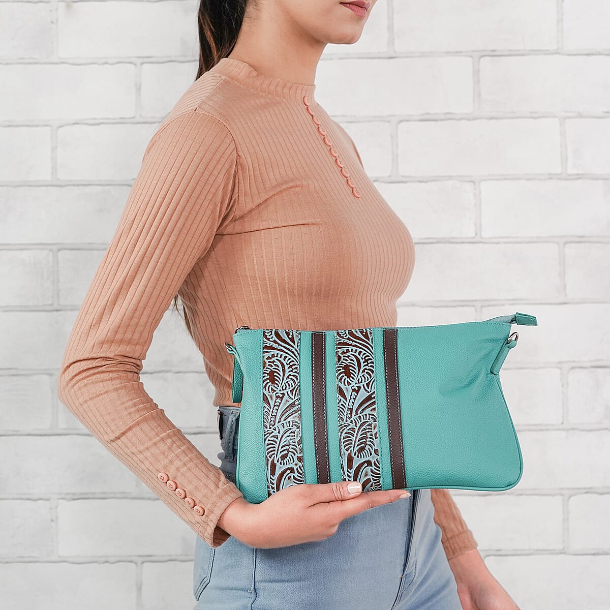 VIVID BY SUKRITI Aqua Blue Handpainted Genuine Leather Clutch Wristlet Bag with Detachable Shoulder Handle image number 1