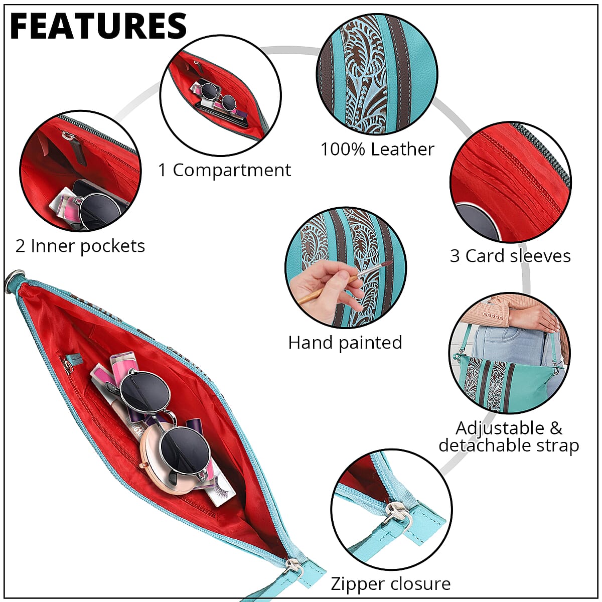 VIVID BY SUKRITI Aqua Blue Handpainted Genuine Leather Clutch Wristlet Bag with Detachable Shoulder Handle image number 3