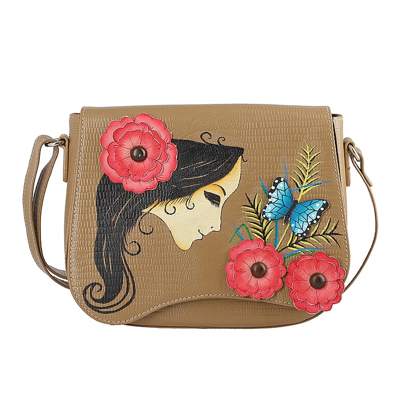 Sukriti Dark Beige Floral Girl Pattern Genuine Leather Applique Crossbody Bag with Adjustable Shoulder Handle Strap