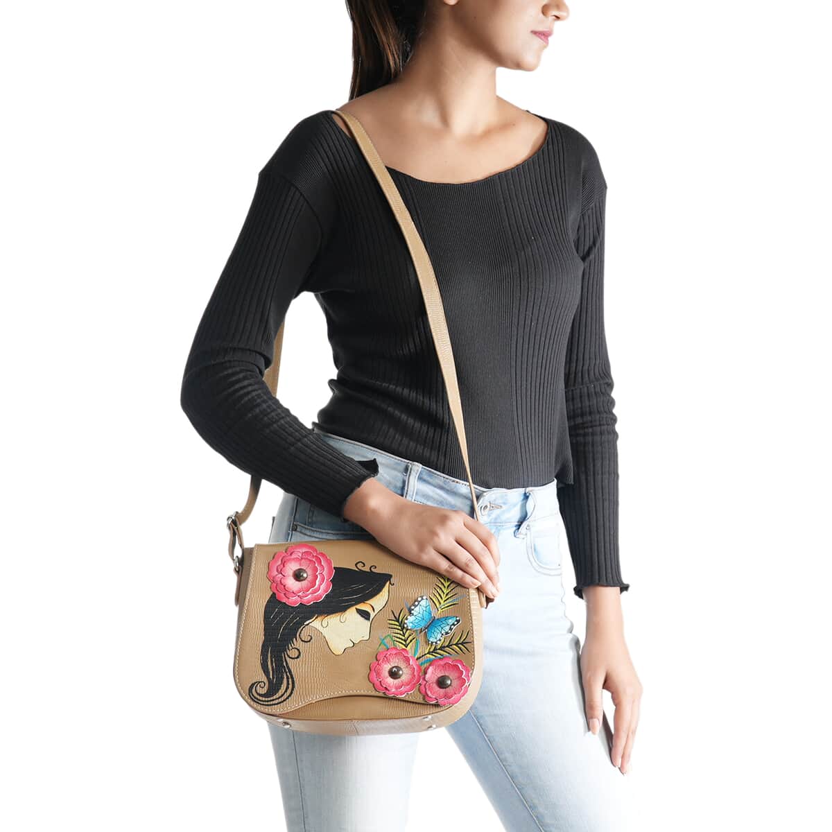 "SUKRITI 100% Genuine Leather Applique Crossbody Bag Theme: Floral Girl  Color: Dark Beige Size: 10 x 3 x 8.5 inches" image number 1