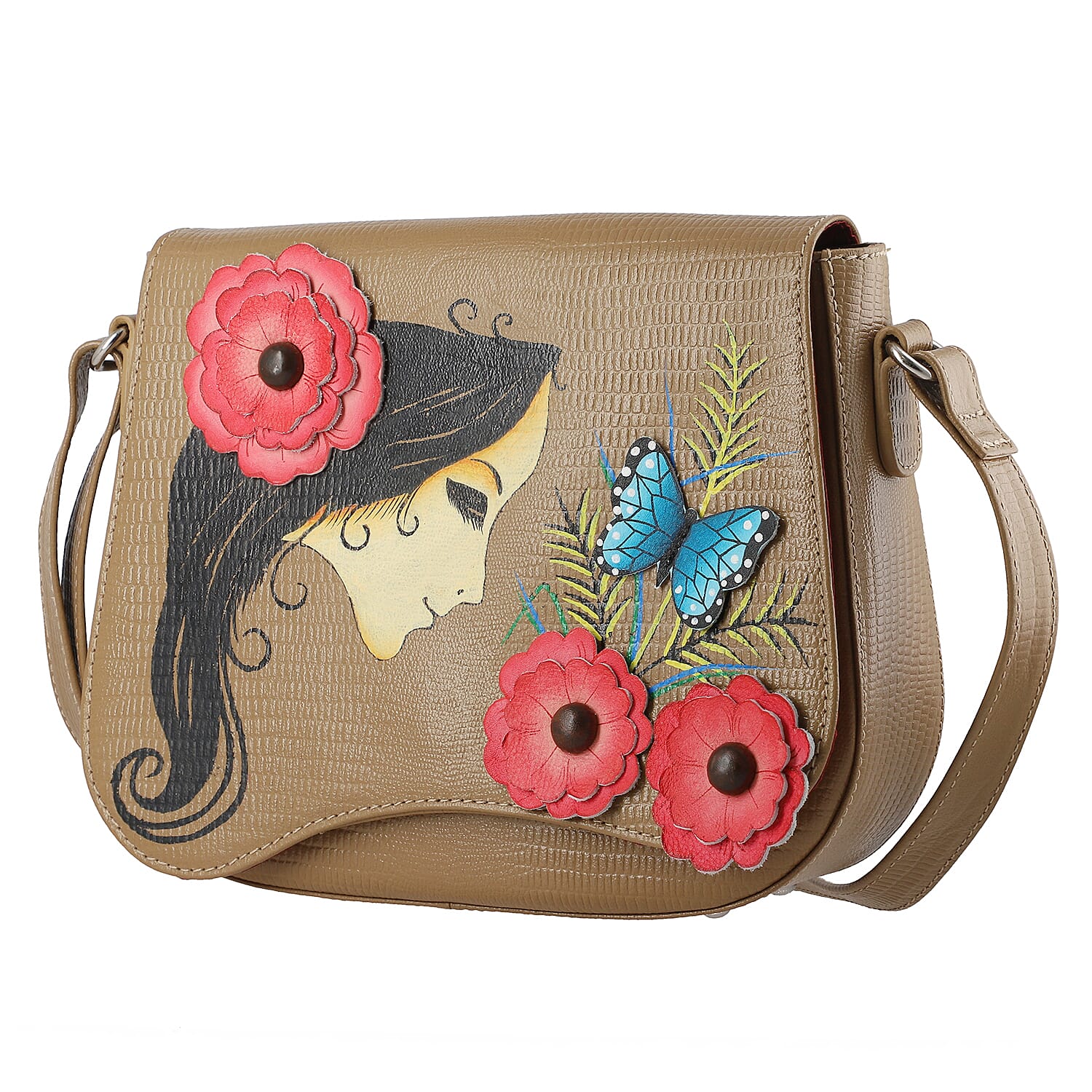 Sukriti Dark Beige Floral Girl Pattern Genuine Leather Applique Crossbody Bag with Adjustable Shoulder Handle Strap