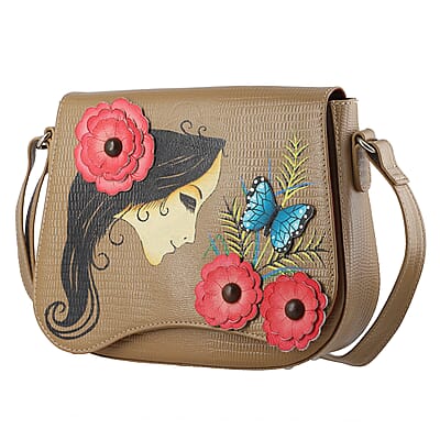 Sukriti Dark Beige Floral Girl Pattern Genuine Leather Applique Crossbody Bag with Adjustable Shoulder Handle Strap