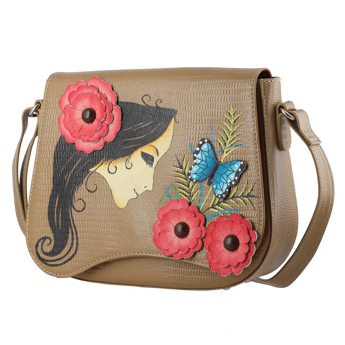 "SUKRITI 100% Genuine Leather Applique Crossbody Bag Theme: Floral Girl  Color: Dark Beige Size: 10 x 3 x 8.5 inches" image number 2