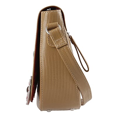 Sukriti Dark Beige Floral Girl Pattern Genuine Leather Applique Crossbody Bag with Adjustable Shoulder Handle Strap