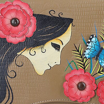 Sukriti Dark Beige Floral Girl Pattern Genuine Leather Applique Crossbody Bag with Adjustable Shoulder Handle Strap