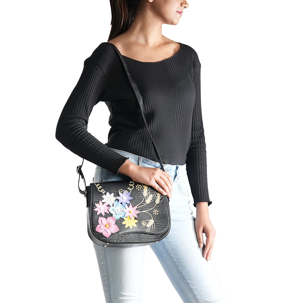 Sukriti Black Floral Pattern Genuine Leather Applique Crossbody Bag with Adjustable Shoulder Handle Strap image number 1