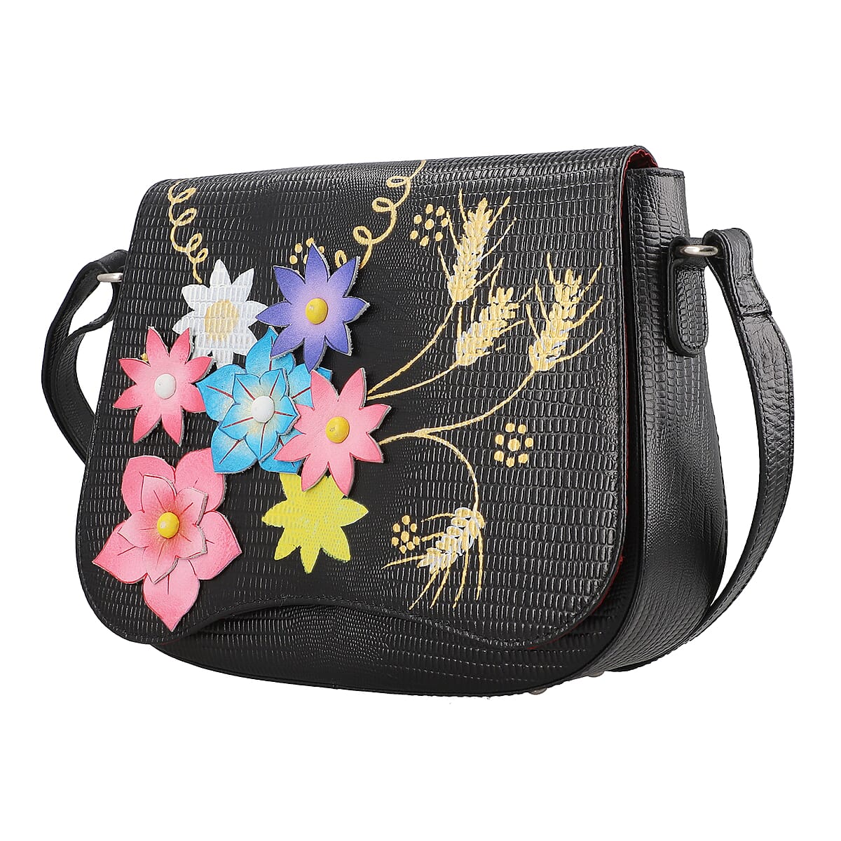Sukriti Black Floral Pattern Genuine Leather Applique Crossbody Bag with Adjustable Shoulder Handle Strap image number 2
