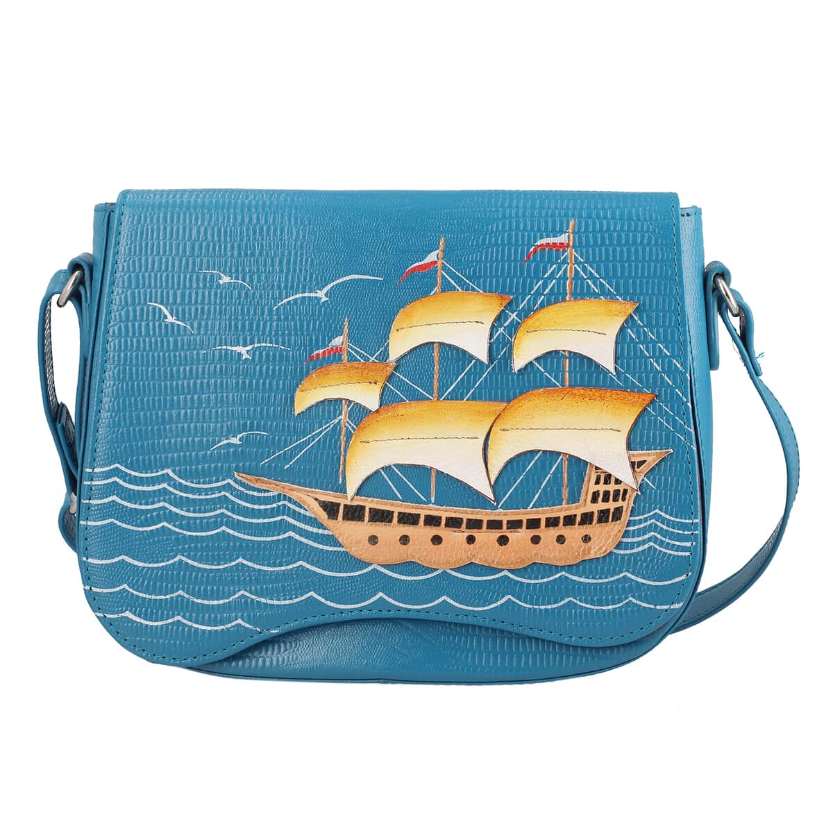 Sukriti Blue Sea View Pattern Genuine Leather Applique Crossbody Bag with Adjustable Shoulder Handle Strap image number 0