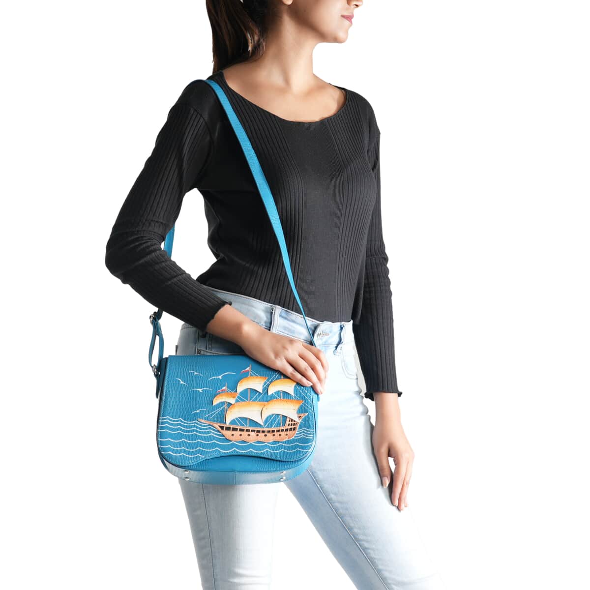 Sukriti Blue Sea View Pattern Genuine Leather Applique Crossbody Bag with Adjustable Shoulder Handle Strap image number 1
