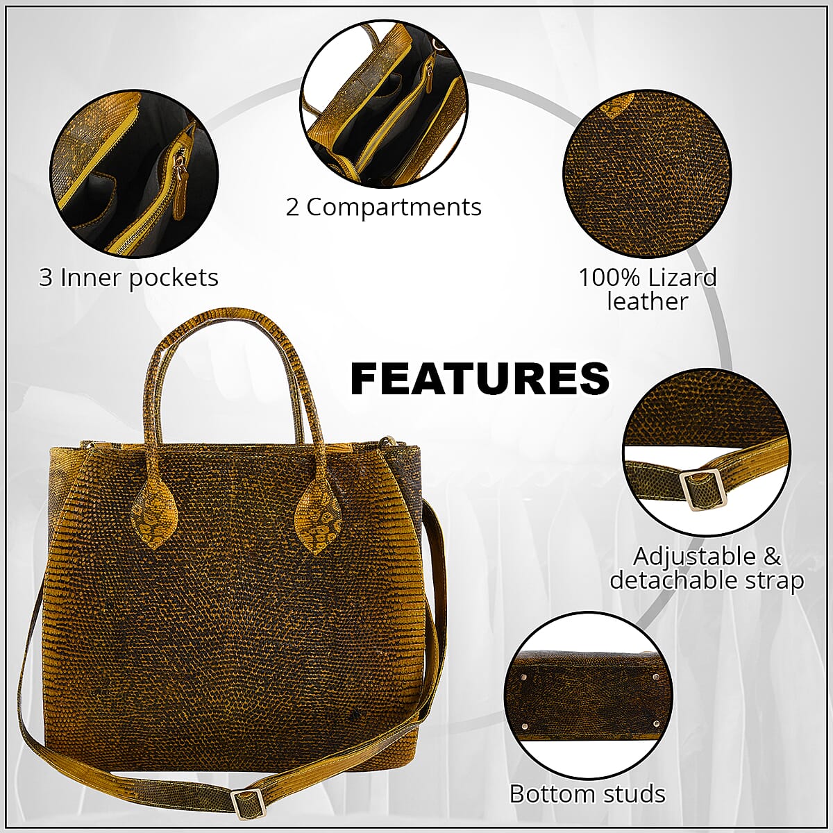 The Pelle Collection Handmade 100% Genuine Lizard Leather Golden & Yellow Color Tote Bag image number 1