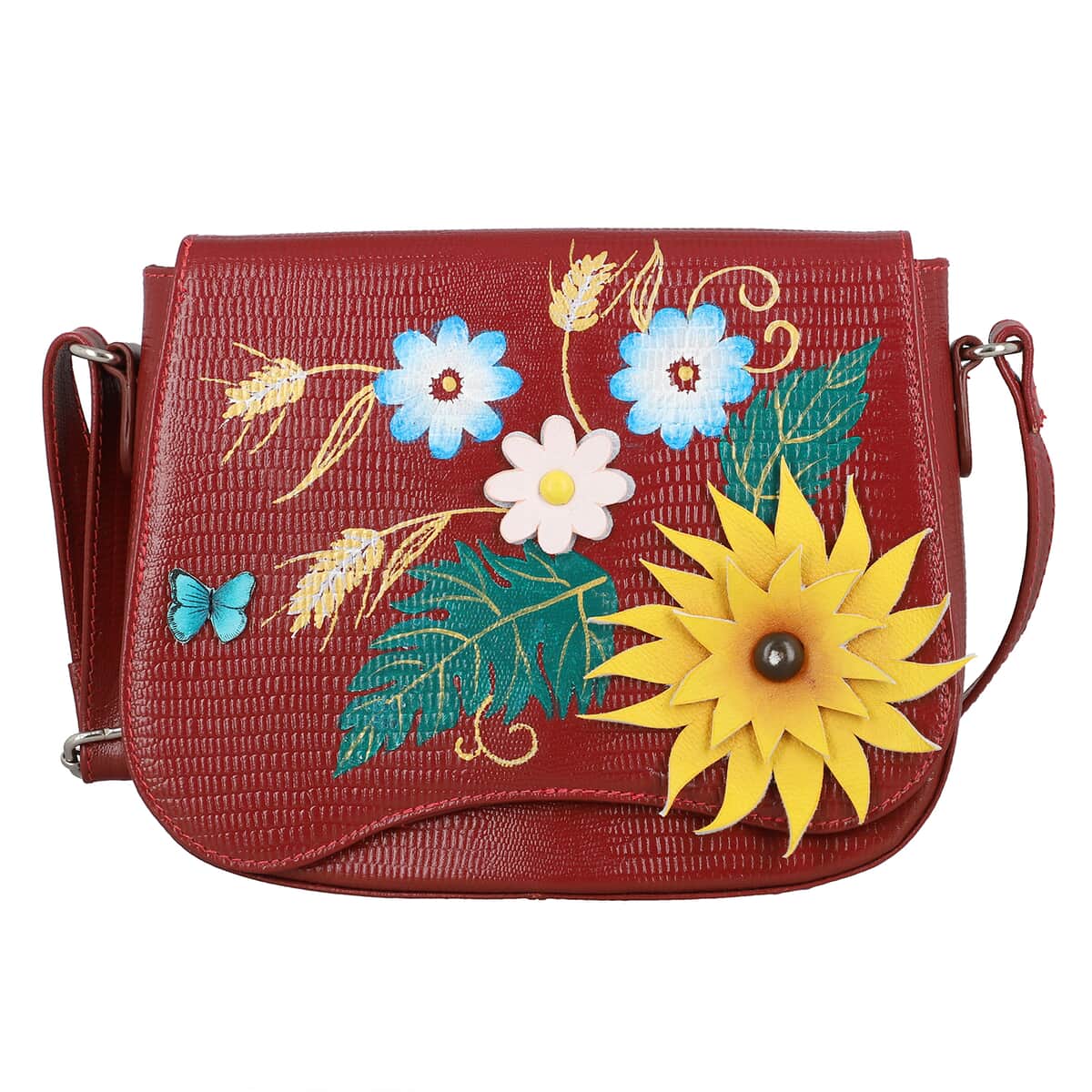 Sukriti Wine Red Floral Pattern Genuine Leather Applique Crossbody Bag with Adjustable Shoulder Handle Strap image number 0