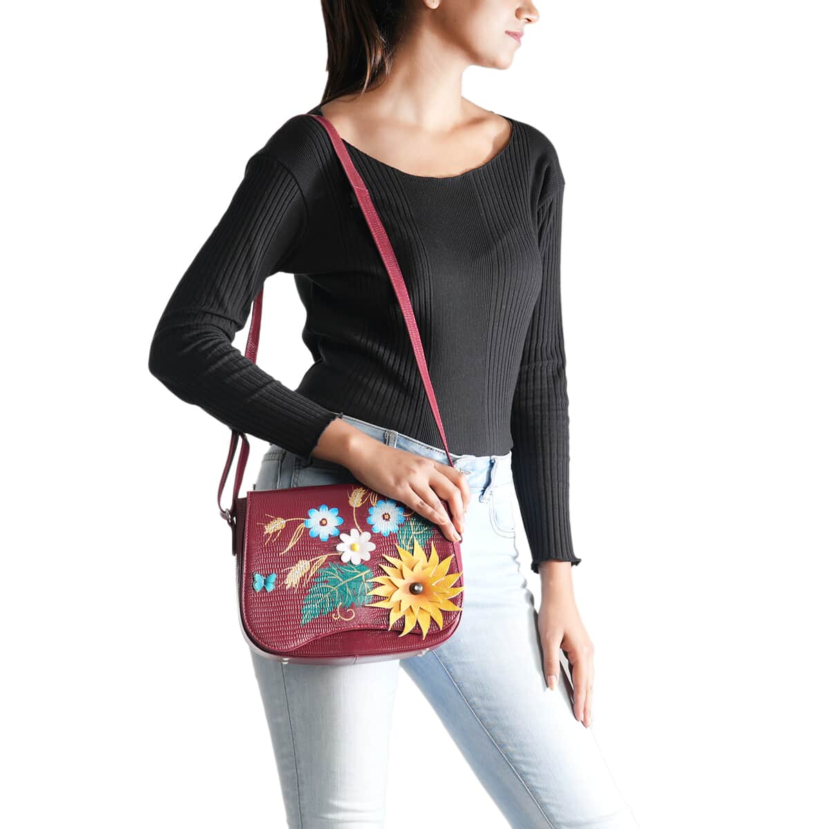 Sukriti Wine Red Floral Pattern Genuine Leather Applique Crossbody Bag with Adjustable Shoulder Handle Strap image number 1