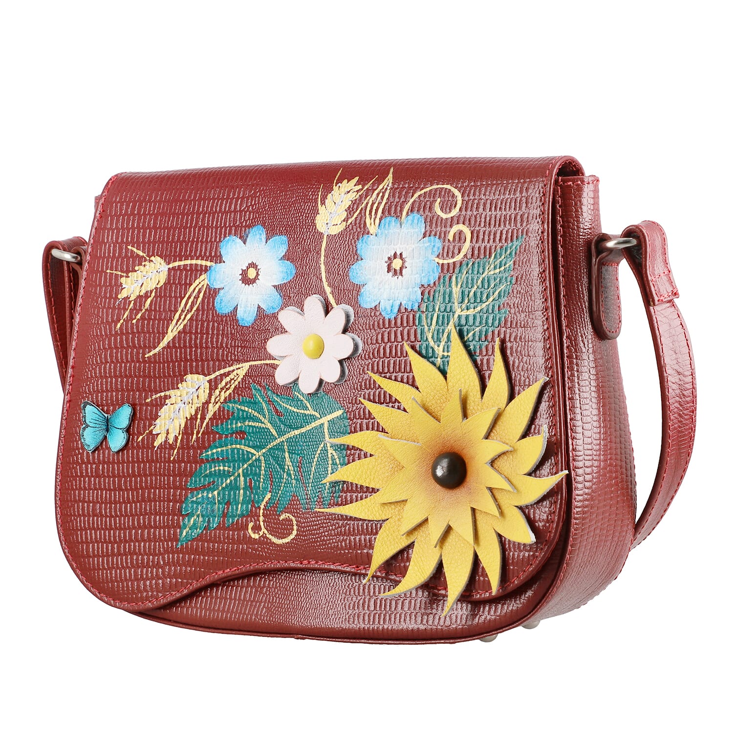 Buy Sukriti Wine Red Floral Pattern Genuine Leather Applique Crossbody Bag with Adjustable Shoulder Handle Strap at ShopLC