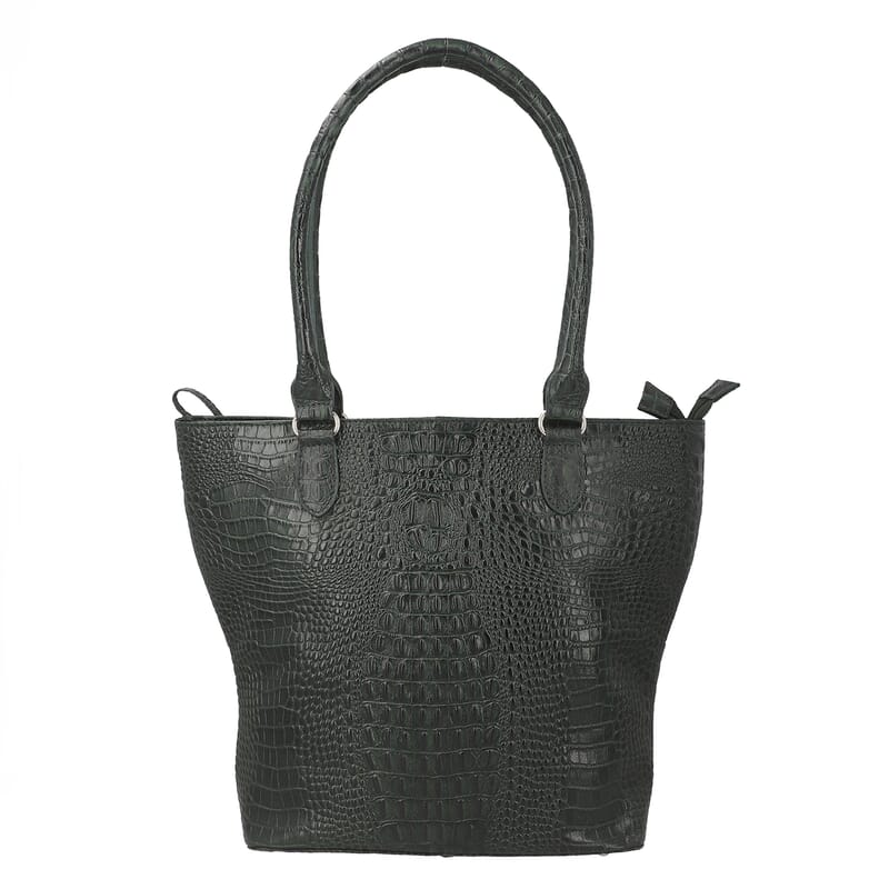 Green Dual Tone Croco Embossed Genuine Leather Tote Bag