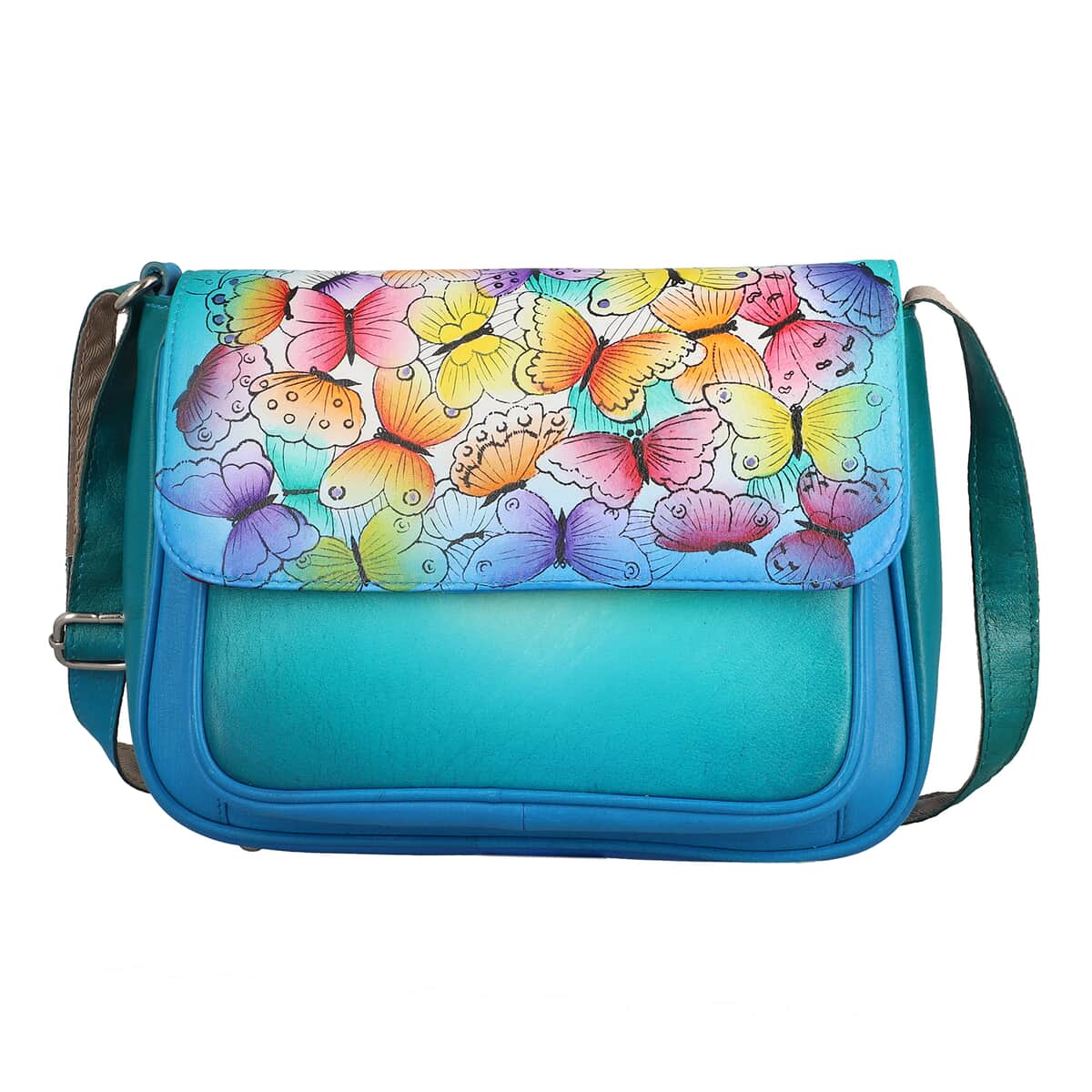 "SUKRITI 100% Genuine Leather Crossbody Bag Theme: Butterfly Color: Blue Size: 10 x 3 x 7 inches" image number 0