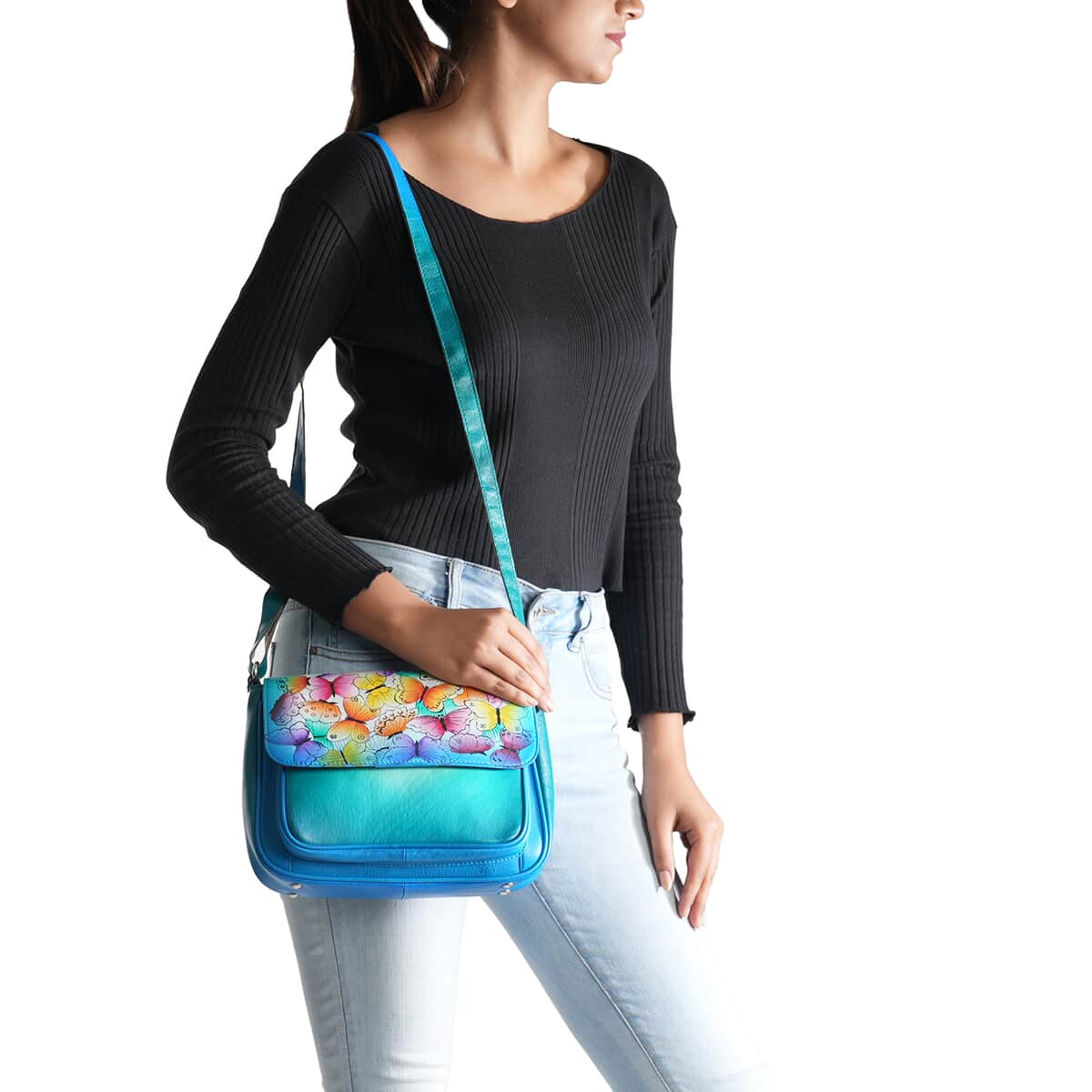 "SUKRITI 100% Genuine Leather Crossbody Bag Theme: Butterfly Color: Blue Size: 10 x 3 x 7 inches" image number 1