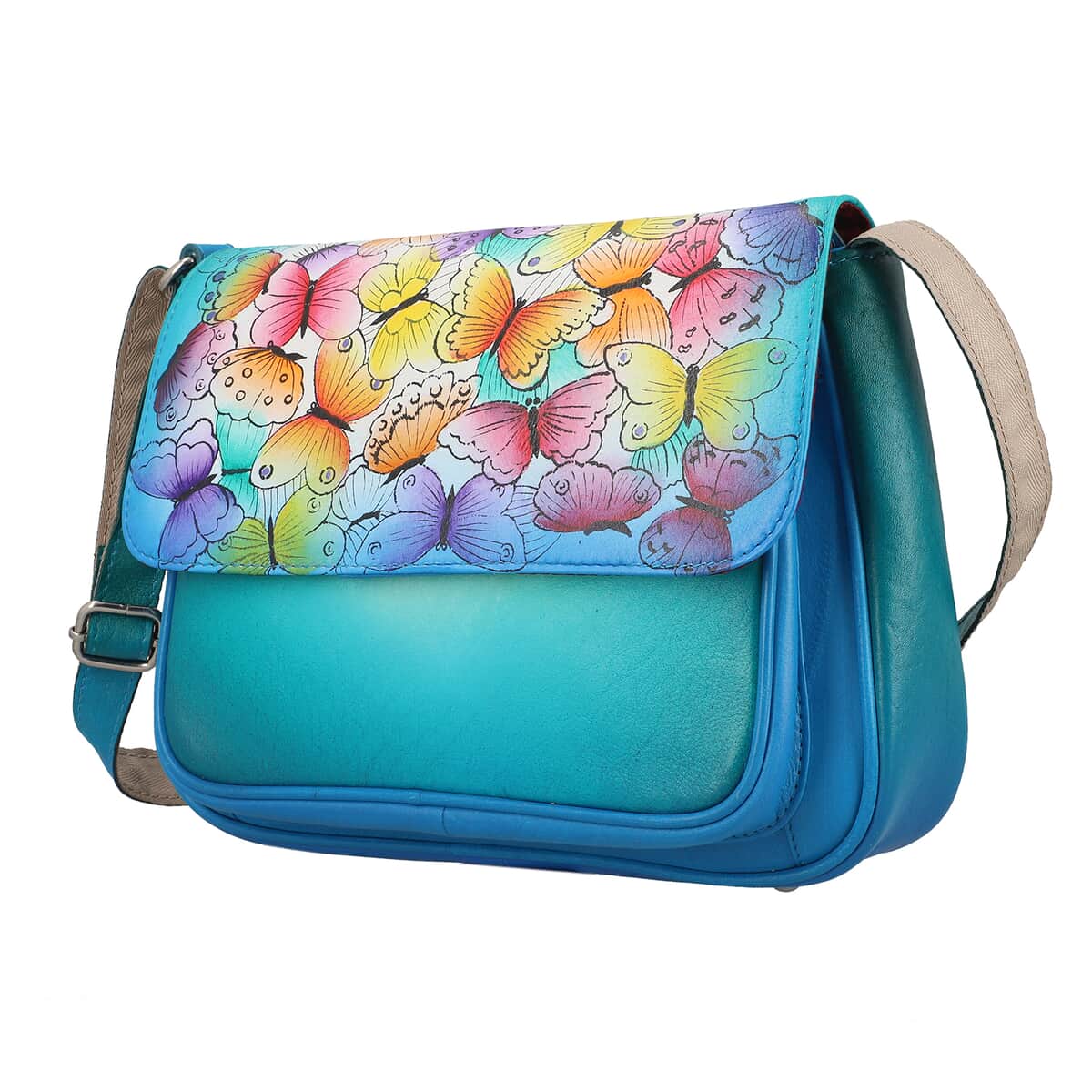 Sukriti Blue Butterfly Pattern Genuine Leather Crossbody Bag with Adjustable Shoulder Handle Strap image number 2