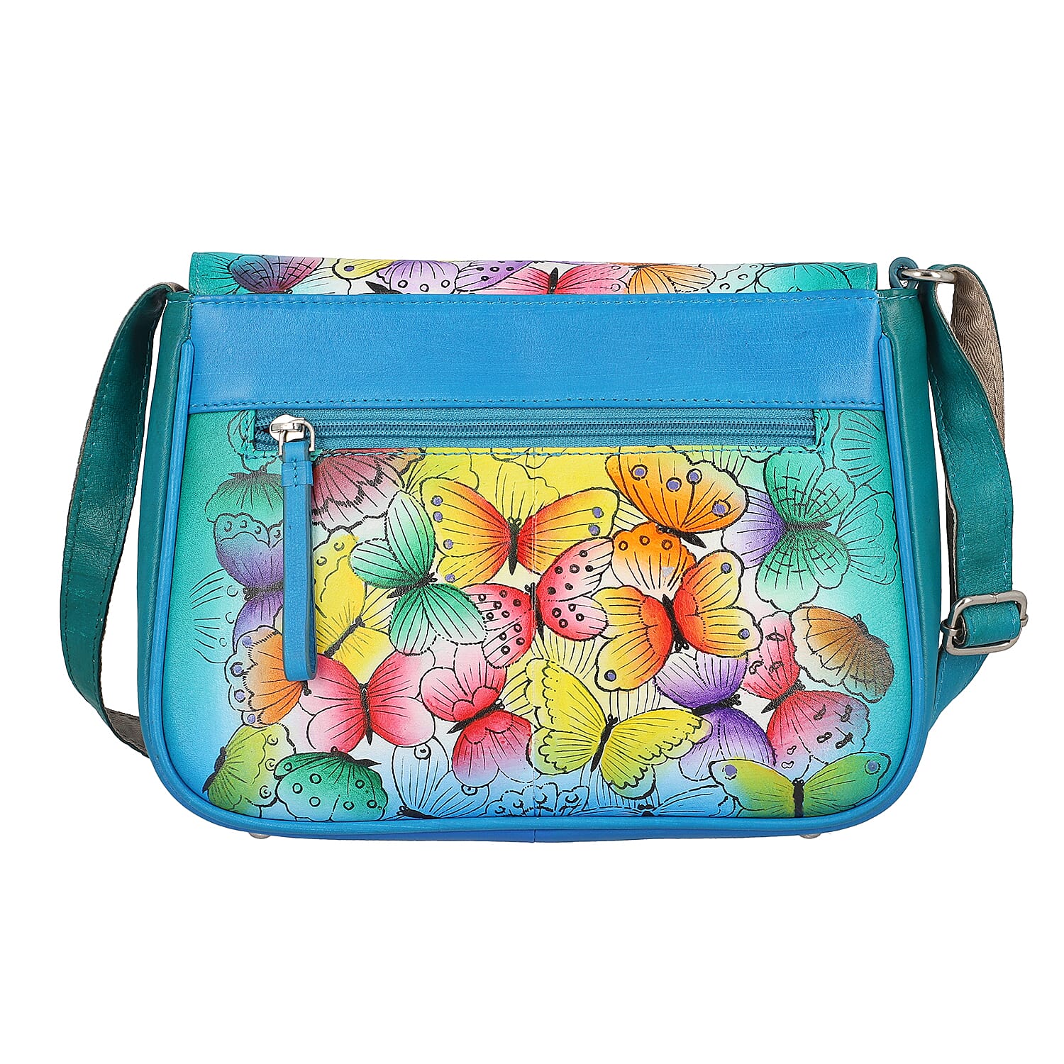 Sukriti Blue Butterfly Pattern Genuine Leather Crossbody Bag with Adjustable Shoulder Handle Strap
