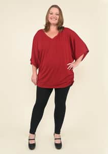 Tamsy Burgundy V-Neck Knit Drape Top - (One Size Fits up to XL)