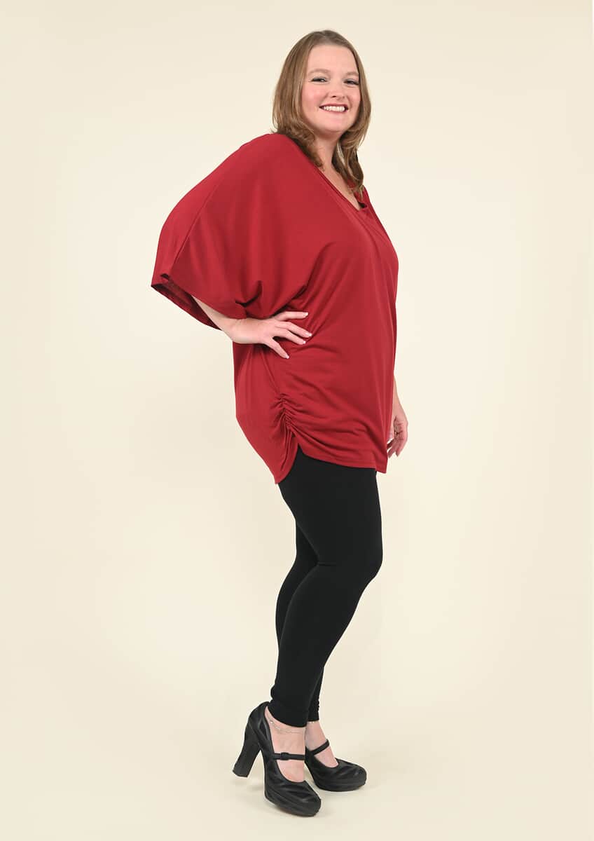 Tamsy Burgundy V-Neck Knit Drape Top - (One Size Fits up to XL) image number 2