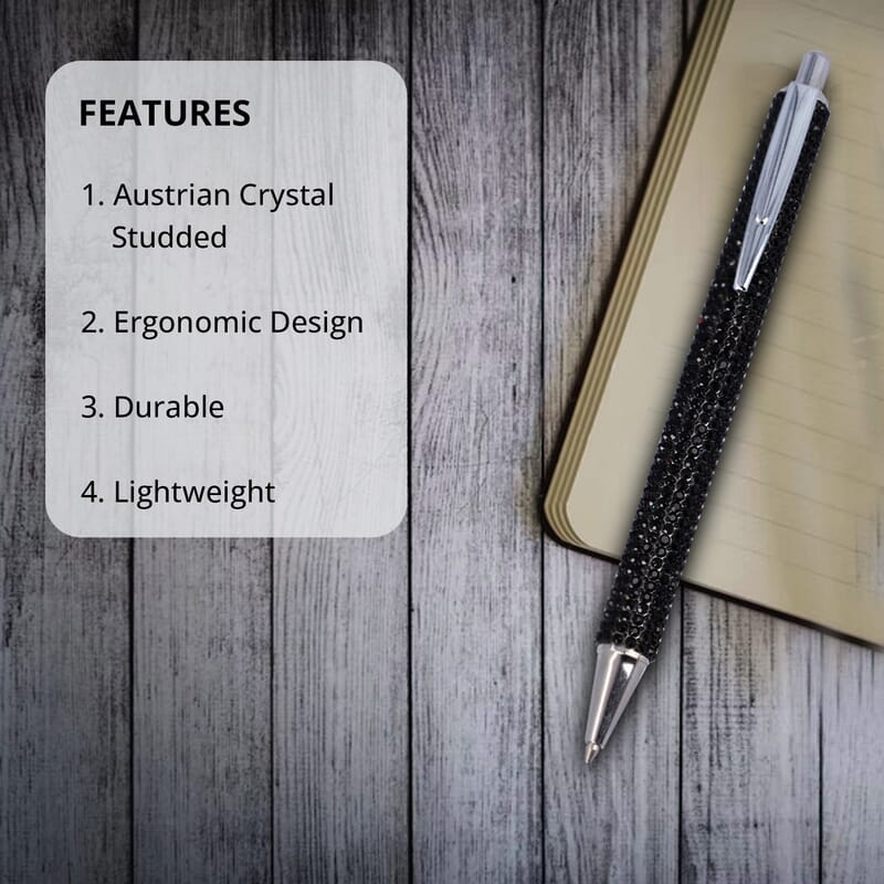 Black Ball Pen-with 2 Piece Set of 1 Austrian Crystal in Black Replacement ink | Stationary Set | Unique Corporate Gifts | Personalized Stationary Sets