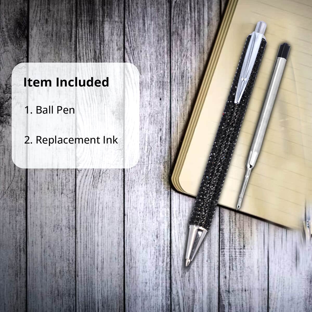 Black Ball Pen-with 2 Piece Set of 1 Austrian Crystal in Black Replacement ink image number 2