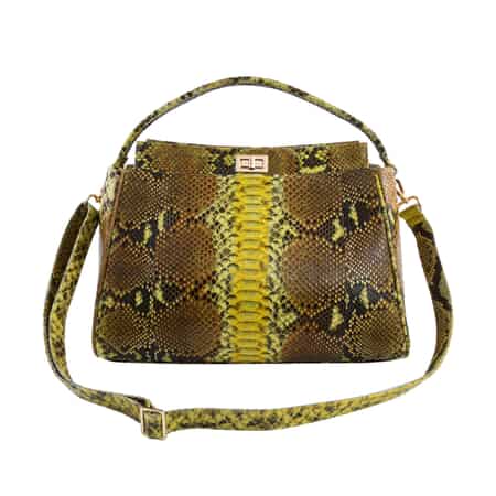 The Pelle Collection Handmade 100% Genuine Python Leather Yellow & Brown Tote Bag with Detachable and Adjustable Strap image number 0