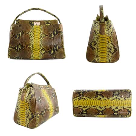 The Pelle Collection Handmade 100% Genuine Python Leather Yellow & Brown Tote Bag with Detachable and Adjustable Strap image number 1