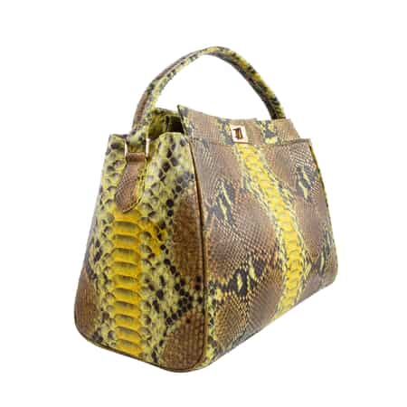 The Pelle Collection Handmade 100% Genuine Python Leather Yellow & Brown Tote Bag with Detachable and Adjustable Strap image number 2